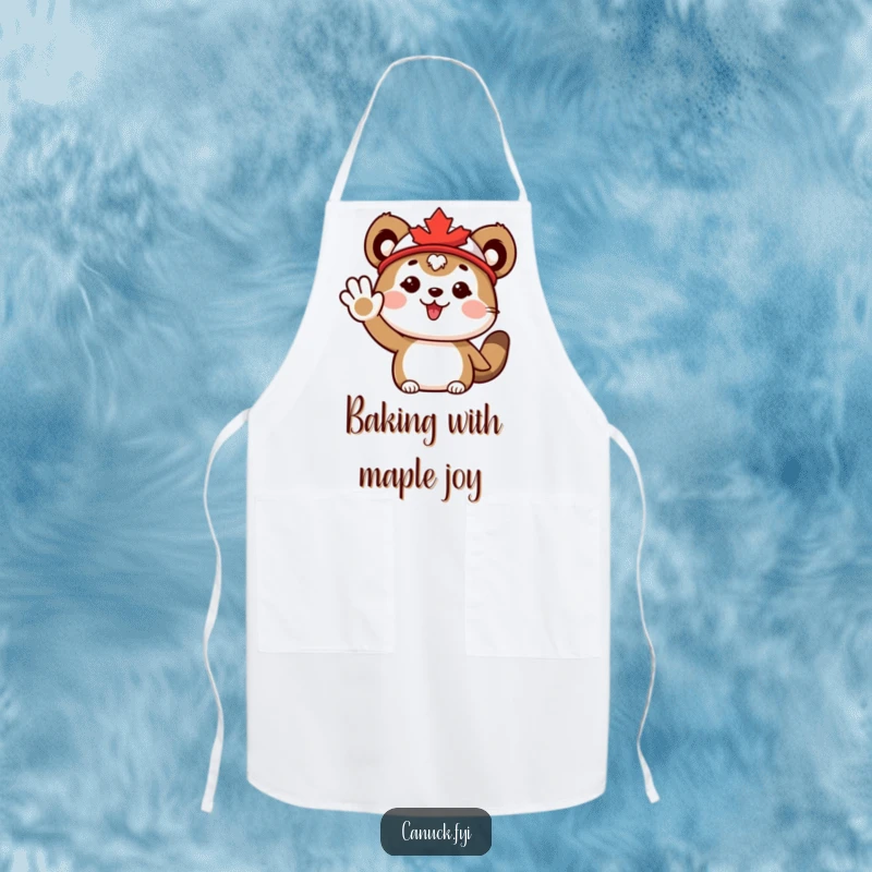 Funny Apron: Cute animal wearing a maple leaf hat, waving enthusiastically, perfect for hosts who want to add cheer.