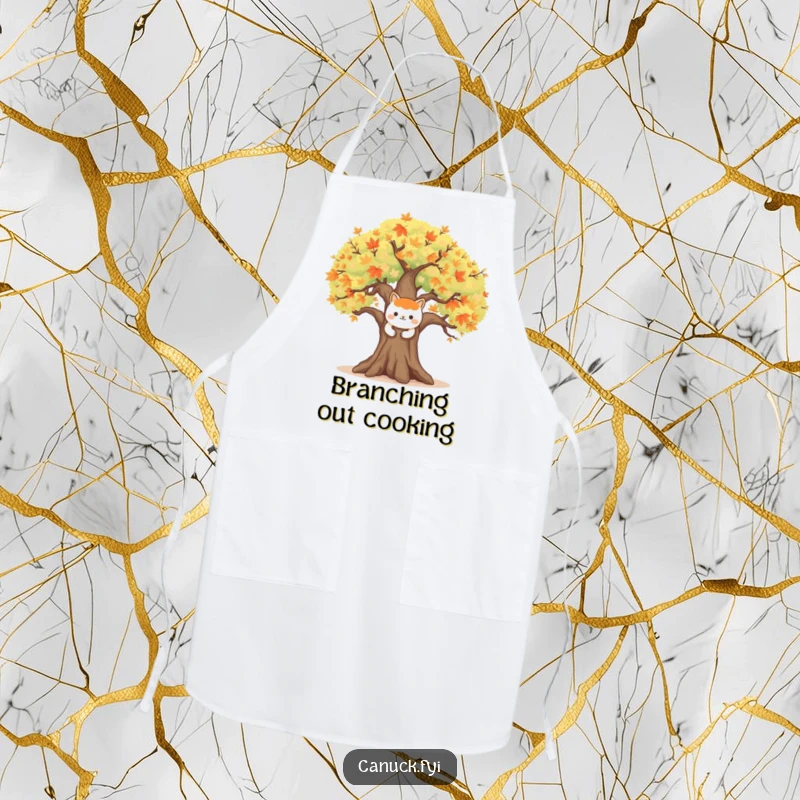 Funny kitchen apron featuring a happy animal character embracing a large, symbolic maple tree, perfect for nature-themed cooking.