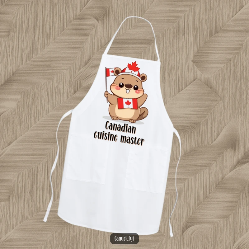 Funny cute beaver apron, maple leaf hat, waving Canadian flag, perfect for kitchen use, adding patriotic humor, a great gift.