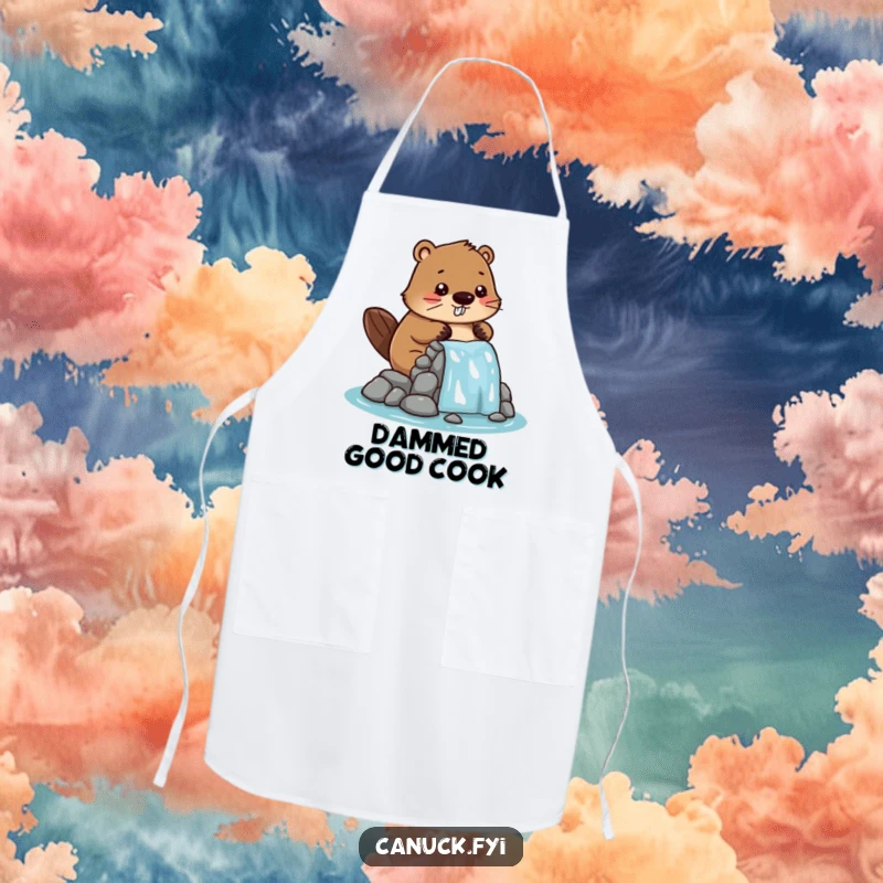 Funny apron showing a cute, stylized beaver character focused on building a small miniature dam, ready for kitchen duty.