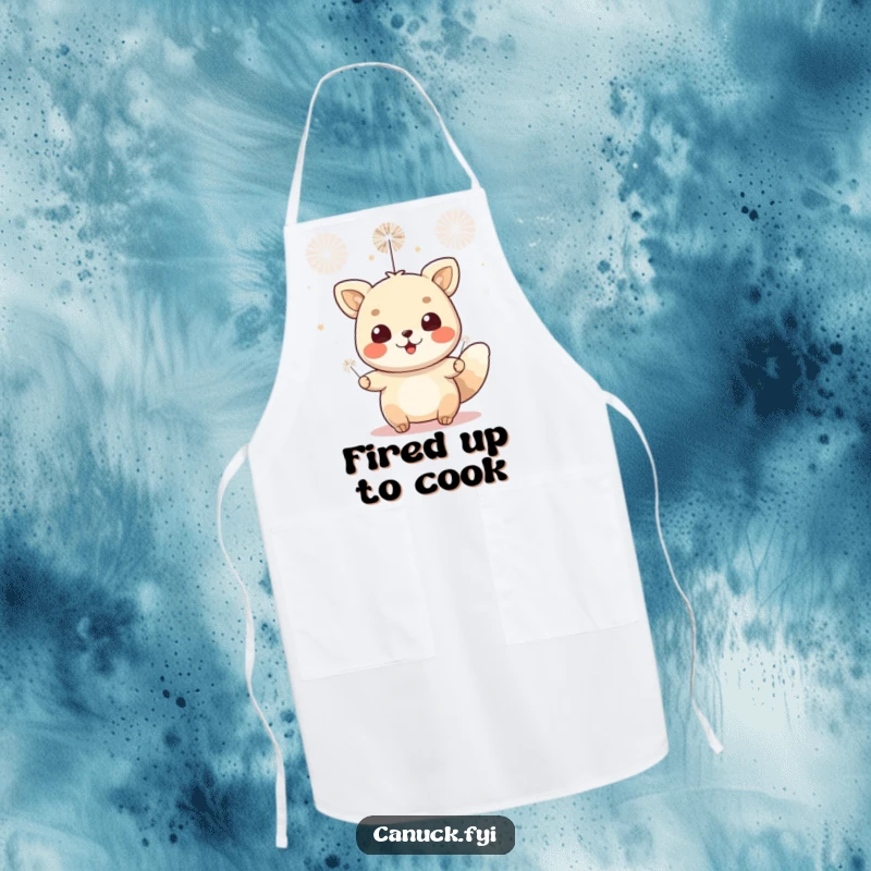 Funny apron showing a cheerful animal character celebrating with small fireworks while cooking. Adds excitement to the kitchen.