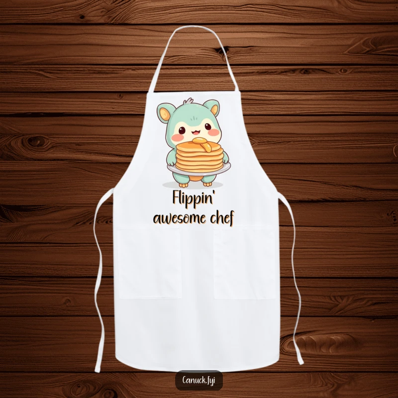 Funny Apron featuring a creature with a warm smile, holding a plate of pancakes, perfect for a cheerful cooking experience.