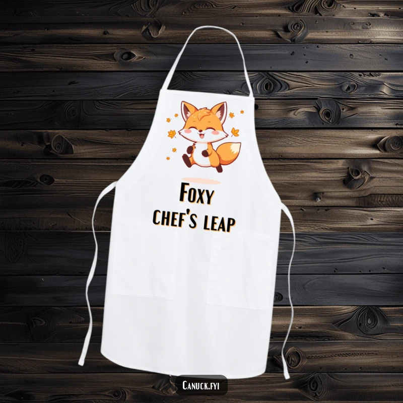 Funny Fox Apron featuring a playful fox doing a joyful leap, decorated with tiny maple leaves, perfect for adding autumnal charm to cooking.