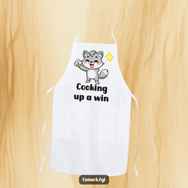 Funny apron featuring an energetic animal character pumping its fist, perfect for cooks who want to add enthusiasm to their work.