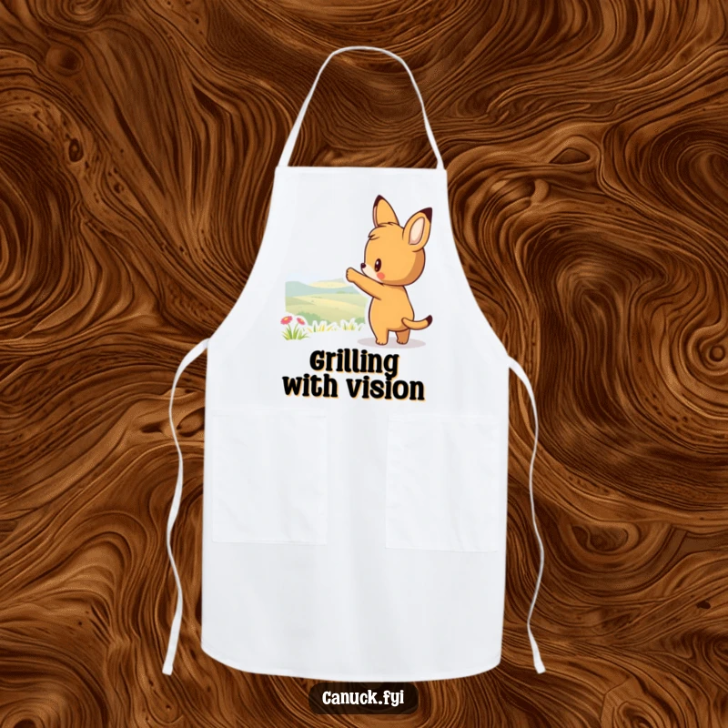 Funny apron featuring a curious animal character pointing towards a scenic view, perfect for cooks who embrace culinary exploration.