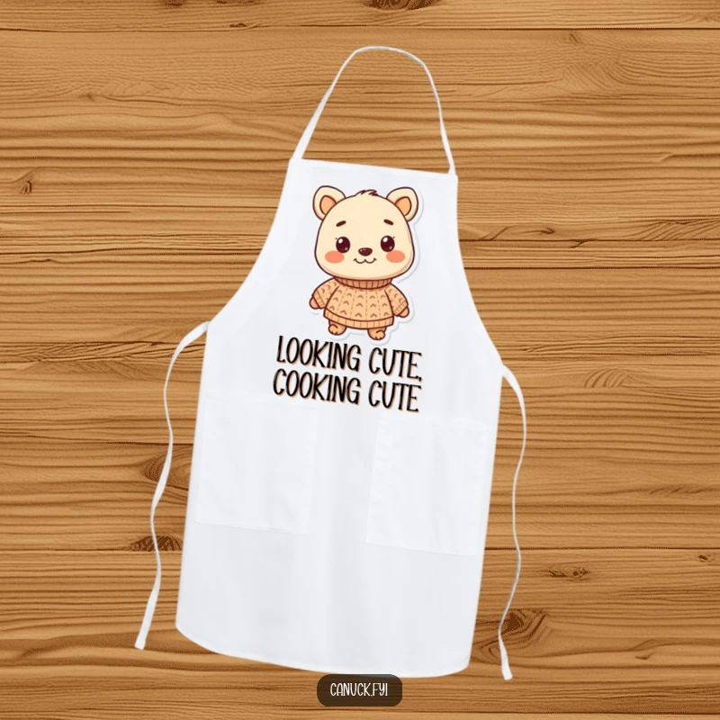 Funny apron featuring a smiling animal character proudly wearing a small, knitted sweater while cooking. Adds charm to the kitchen.