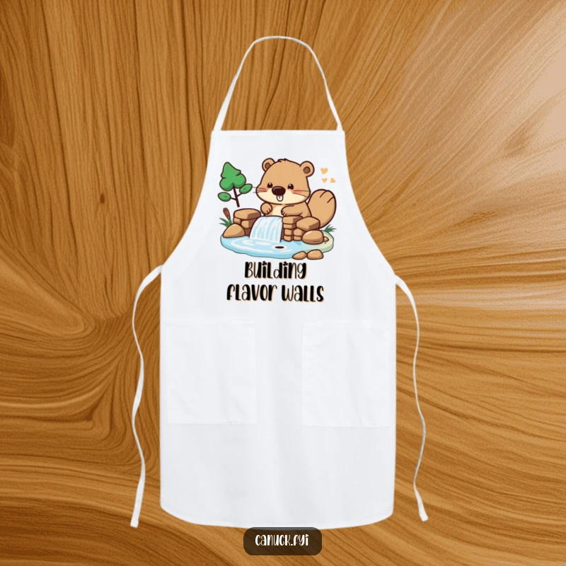 Funny Apron with a beaver character playfully building a miniature dam, ideal for kitchen creativity and protection.