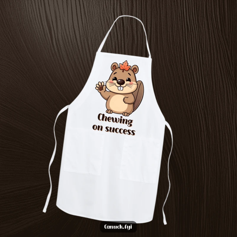 Funny beaver apron showing a happy beaver character wearing a maple leaf hat and waving enthusiastically while cooking.