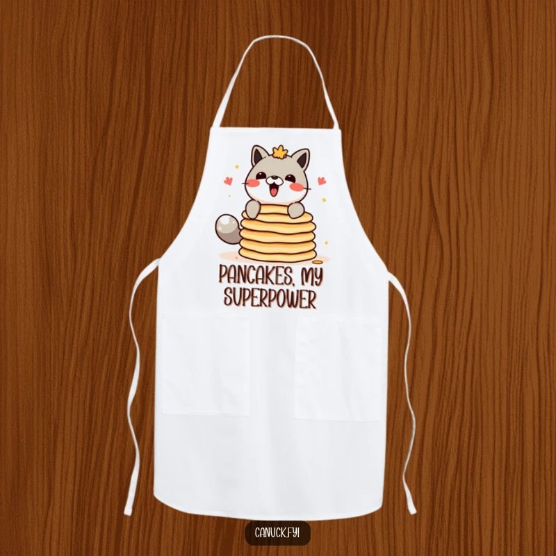 Funny Canadian animal character chef apron, attempting to balance a stack of pancakes, perfect for cooking.
