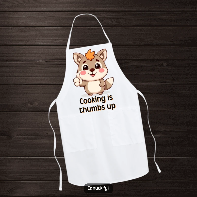 Funny Canadian animal character with a big grin giving a thumbs-up, depicted on a kitchen apron to spread positive vibes.