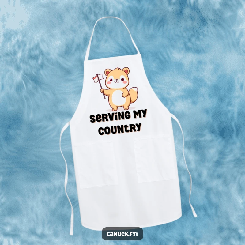 Funny animal apron showing a cheerful creature proudly holding a small flag, ideal for adding humor to cooking and kitchen tasks.