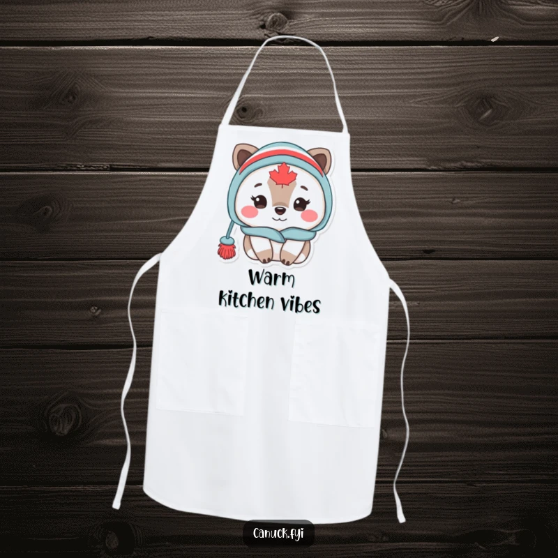 Funny Canadian animal character in a warm toque, looking cozy while cooking, depicted on a kitchen apron for humorous flair.