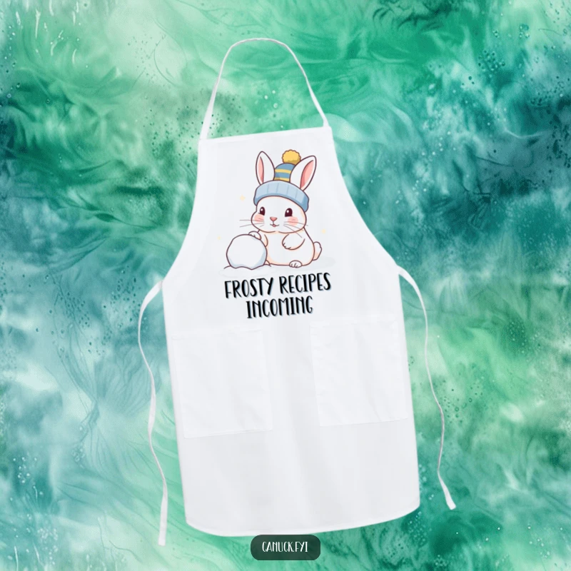 Funny rabbit in a toque, playfully nudging a snowball, cute kitchen apron, perfect for cooking.