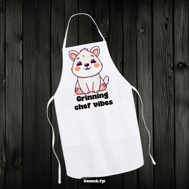 Cute animal with a friendly, welcoming grin, illustrated on a humorous kitchen apron.