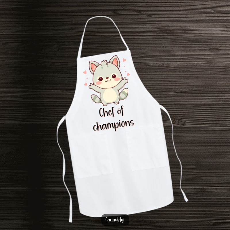 Funny Cute Dog Apron: A chef wearing a cute dog character doing a celebratory gesture, perfect for kitchen fun, a funny gift.