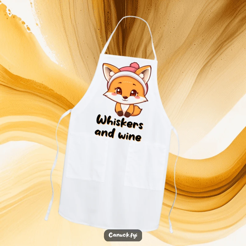 Funny Fox Apron: A curious fox wearing a tuque and an apron, ready to cook with humor.