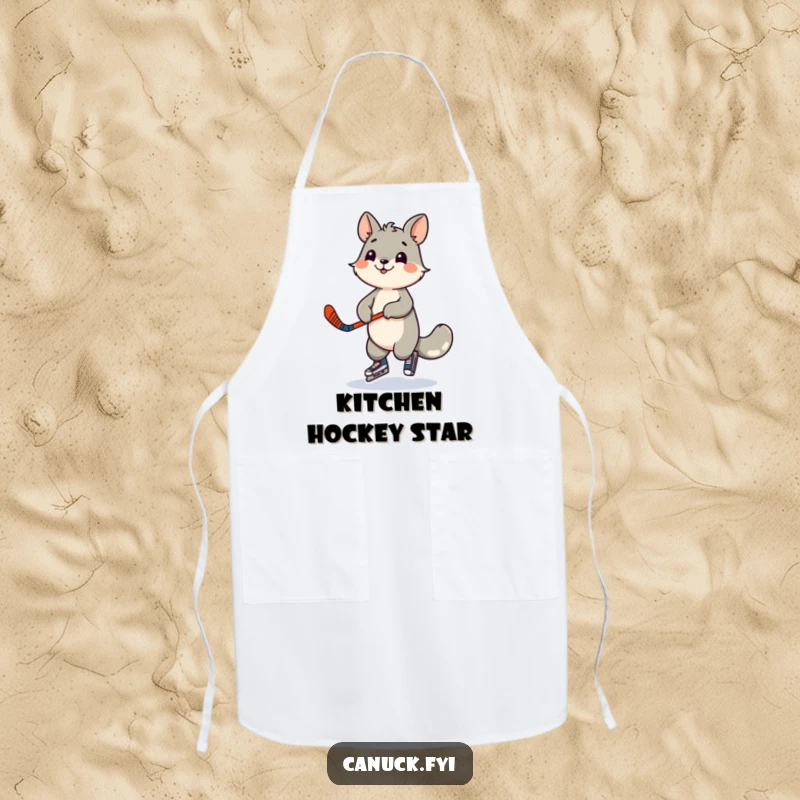 Funny apron showing a playful animal character dancing with a miniature hockey stick. Adds fun to cooking and kitchen tasks.