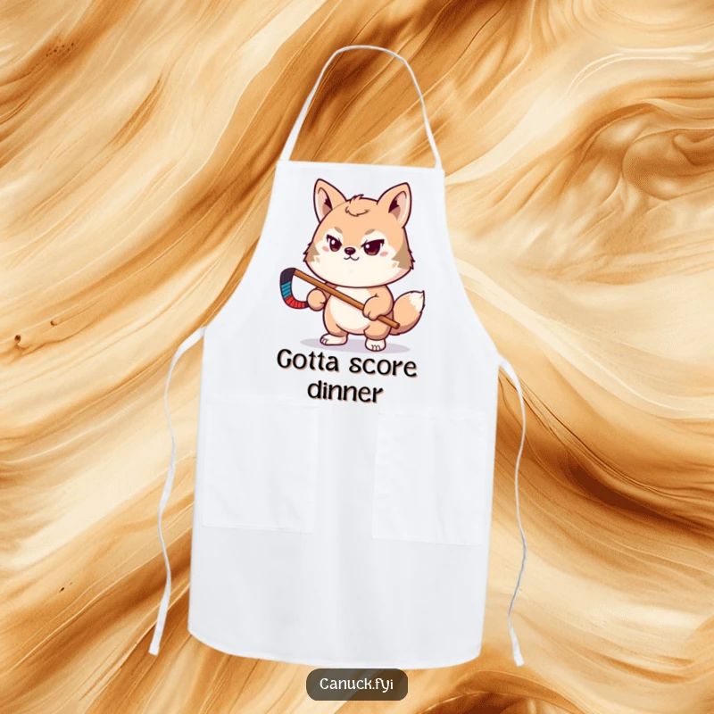 Funny apron with determined animal pal holding a tiny hockey stick, perfect for kitchen or game day, funny gift.