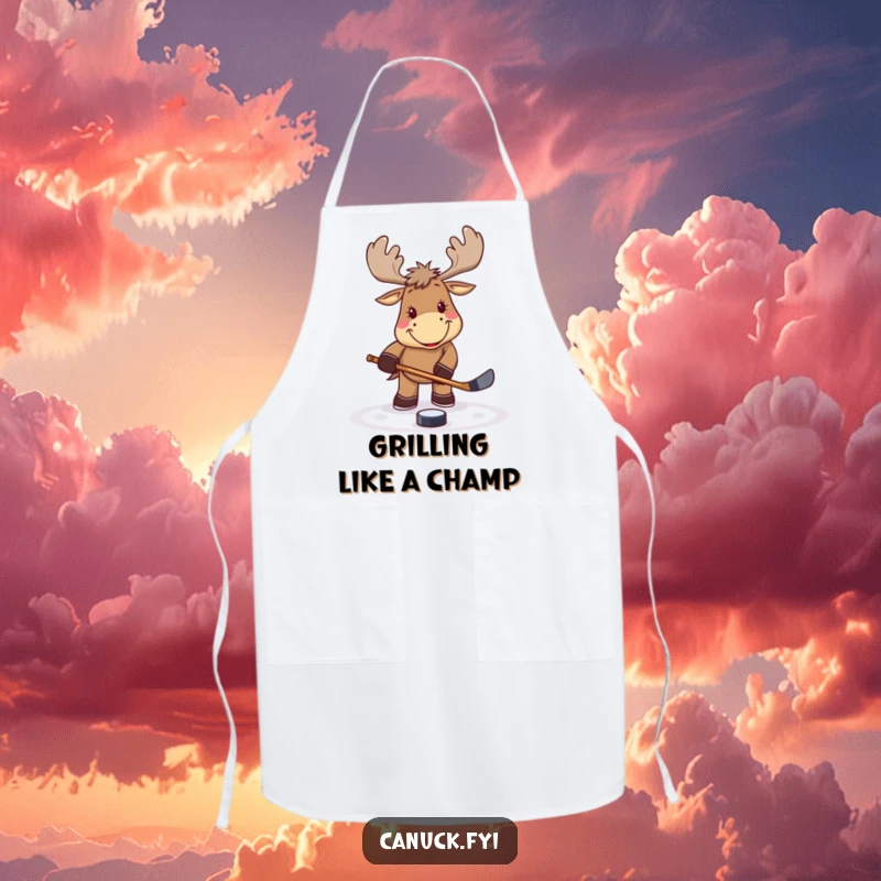 Funny smiling moose apron, playing hockey, tapping a puck, ideal for kitchen use, adding sporty humor, a great gift.