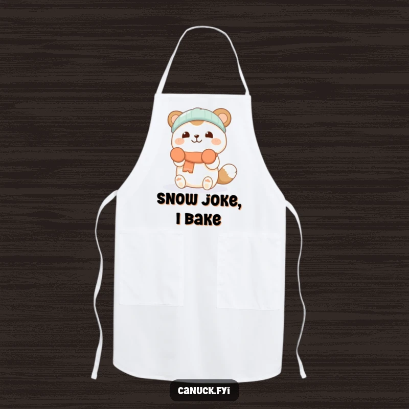 Funny apron showing a cheerful animal in mittens, happily catching falling snowflakes, ideal for a joyful cooking experience.