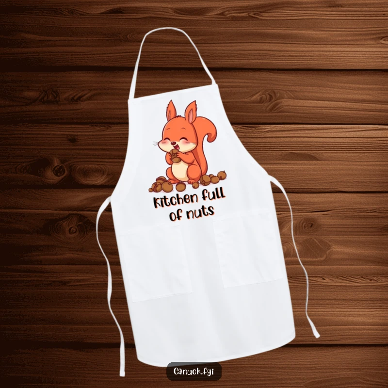 Funny Apron print of a red squirrel with its cheeks comically stuffed with acorns, ideal for kitchen preparedness humor.