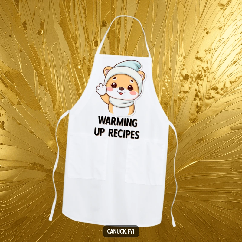 Funny Apron with an animal in a cozy winter hat, happily waving, perfect for cheerful and warm kitchen activities.