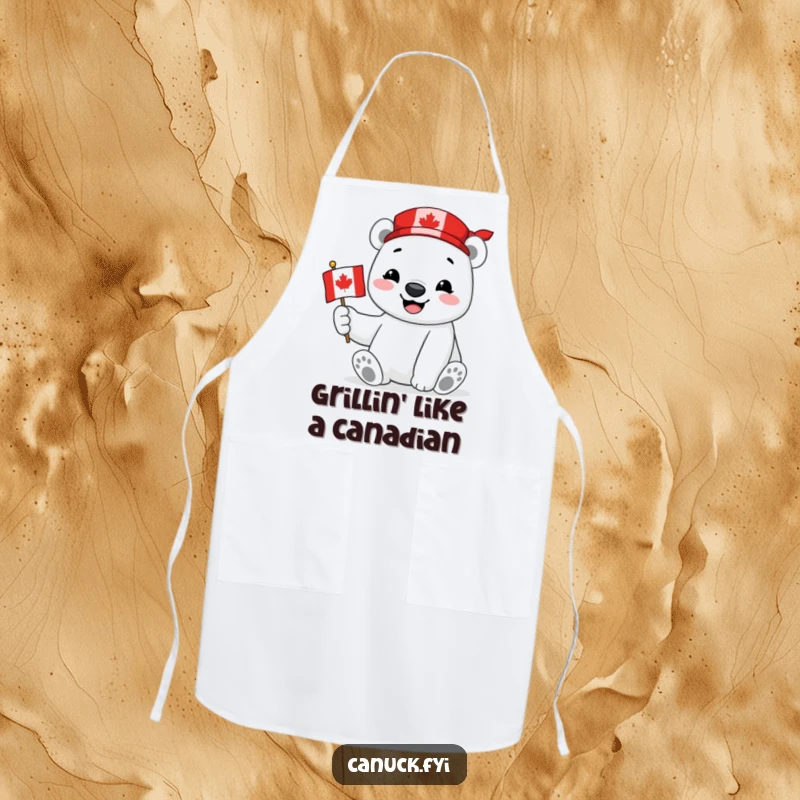 Funny Polar Bear Apron featuring a smiling polar bear proudly holding a miniature Canadian flag, perfect for adding patriotic charm to cooking.