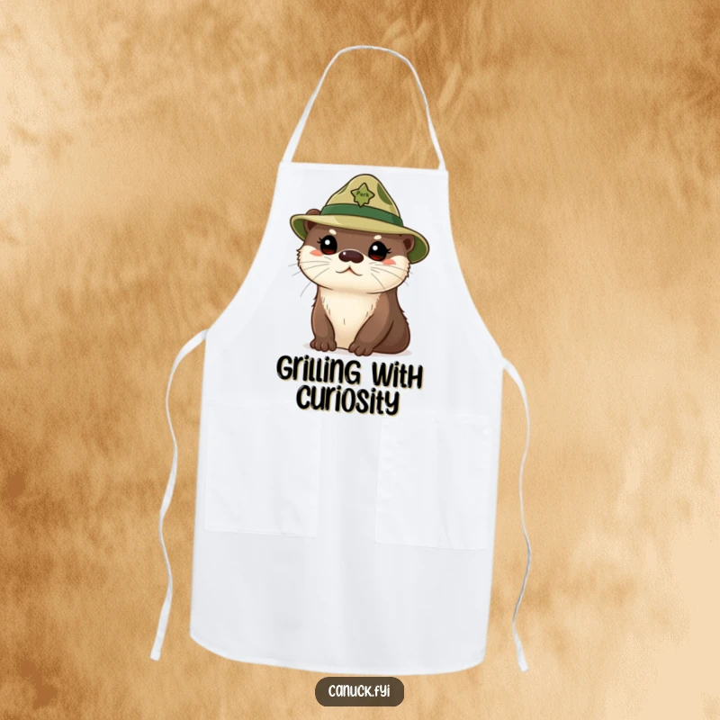 Funny curious otter apron, cute otter wearing a tiny park ranger hat, looking inquisitive, kitchen wear.