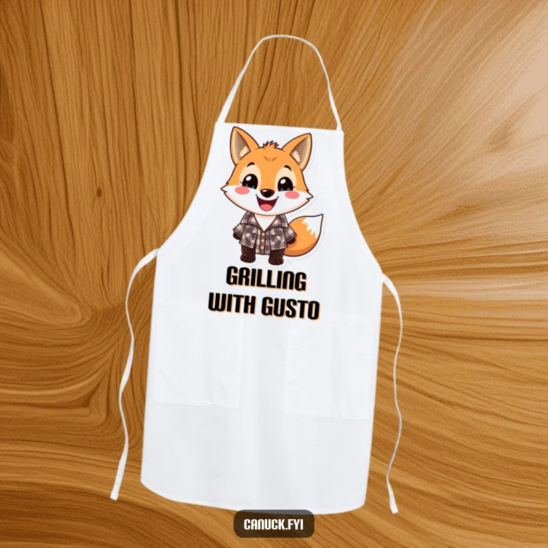 Funny lumberjack fox apron, playful fox wearing a checkered lumberjack shirt with a wide grin, kitchen wear.