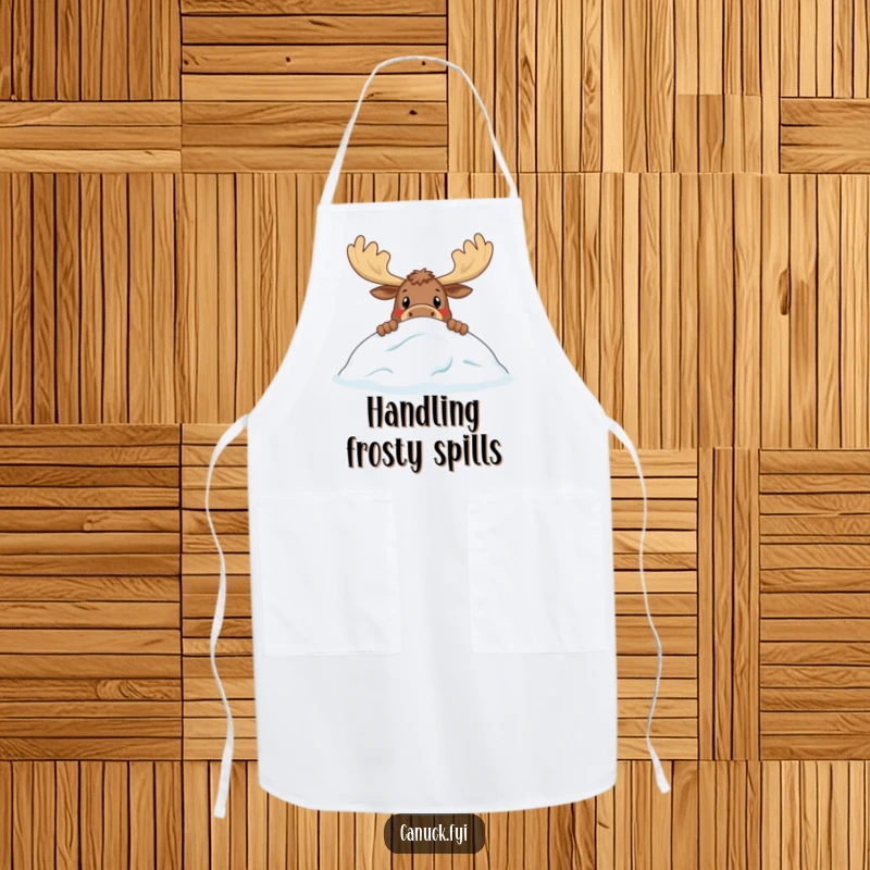 Funny apron with a curious moose peeking over a stylized snowdrift, perfect for a humorous cooking experience in the kitchen.