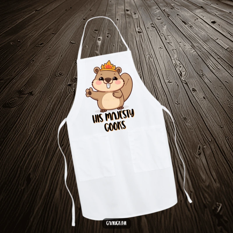 Funny Beaver Apron featuring a cute beaver wearing a tiny maple leaf crown, enthusiastically waving, perfect for adding whimsical charm to cooking.