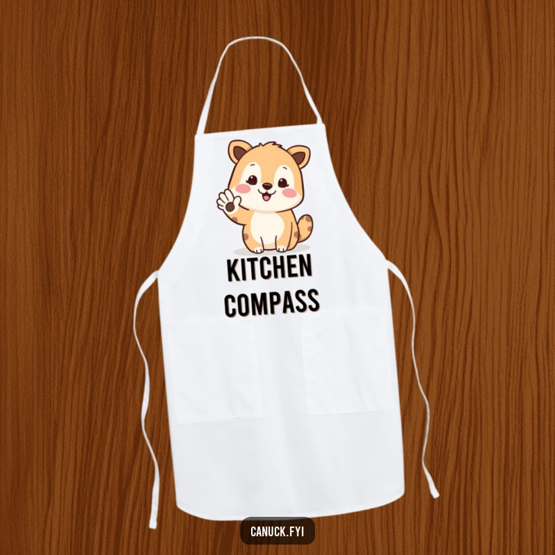Funny apron with a waving animal gesturing north, perfect for kitchen guidance and humorous cooking sessions.