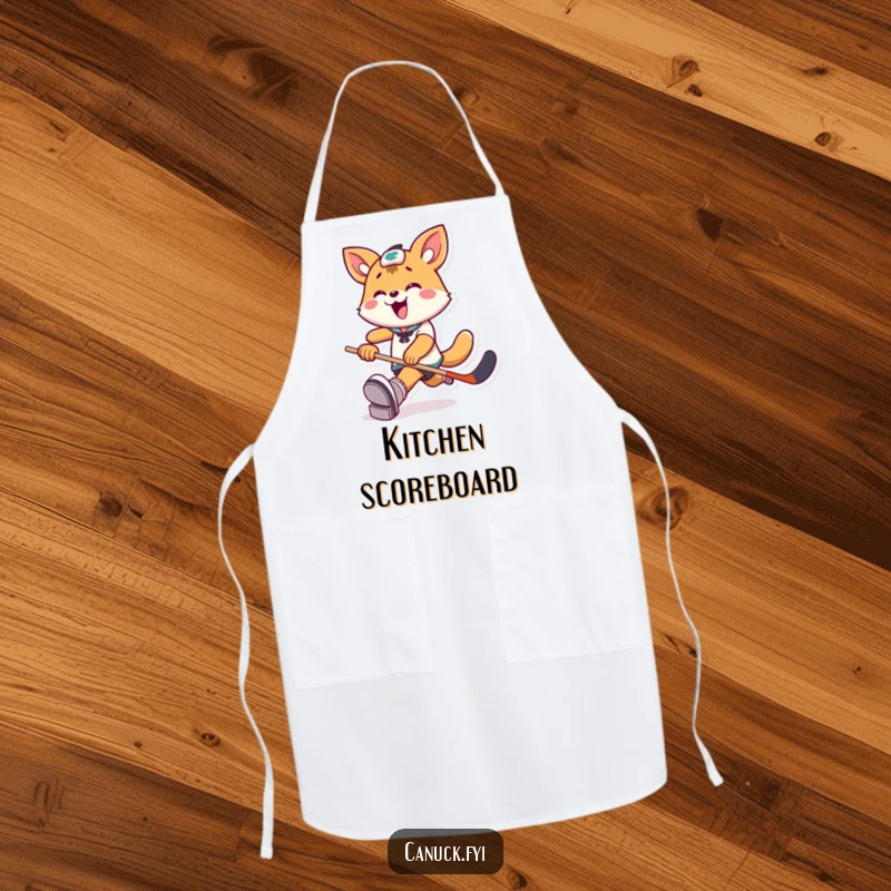 Funny Apron: Playful animal character joyfully kicks a hockey puck, keeping you clean with athletic humor.