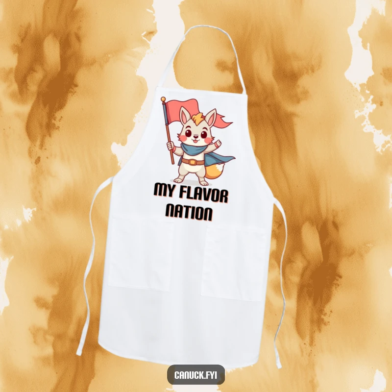 Funny apron with a proud animal character in a heroic pose holding a flag, kitchen funny gift.