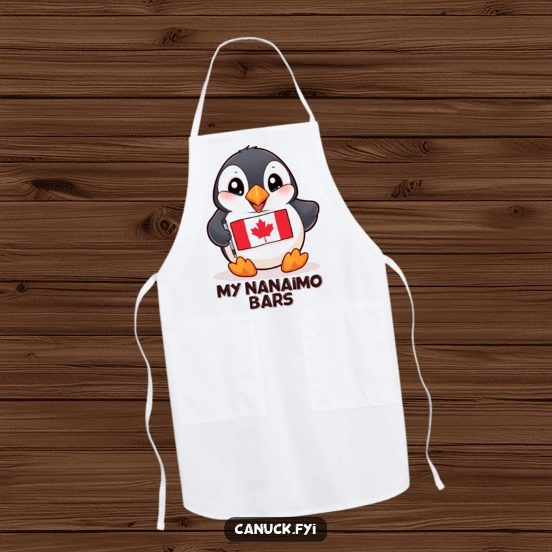 Funny Puffin Apron: A playful puffin wears an apron and holds a miniature Canadian flag, ready to cook.