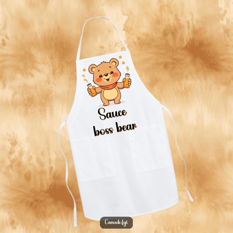 Funny juggling bear apron, cheerful cartoon bear juggling maple syrup bottles, kitchen wear.