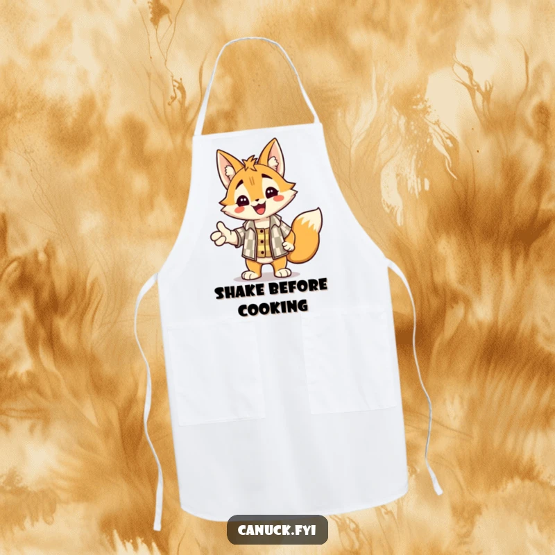Funny apron illustrating a delighted lynx in a checkered shirt, offering a warm handshake for kitchen fun.