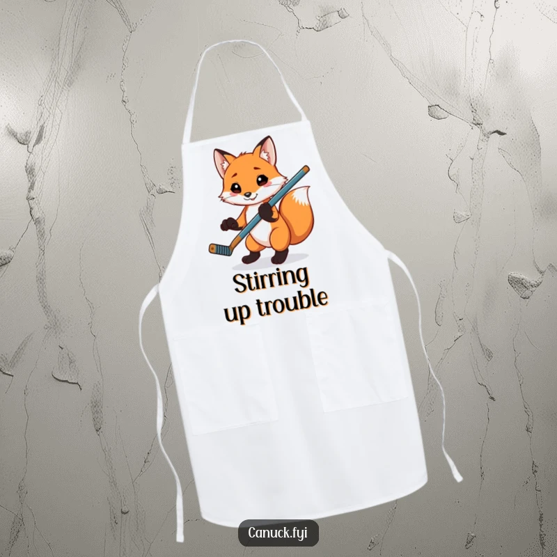 Funny playful fox apron, balancing a hockey stick on its paw, a humorous and practical kitchen accessory.