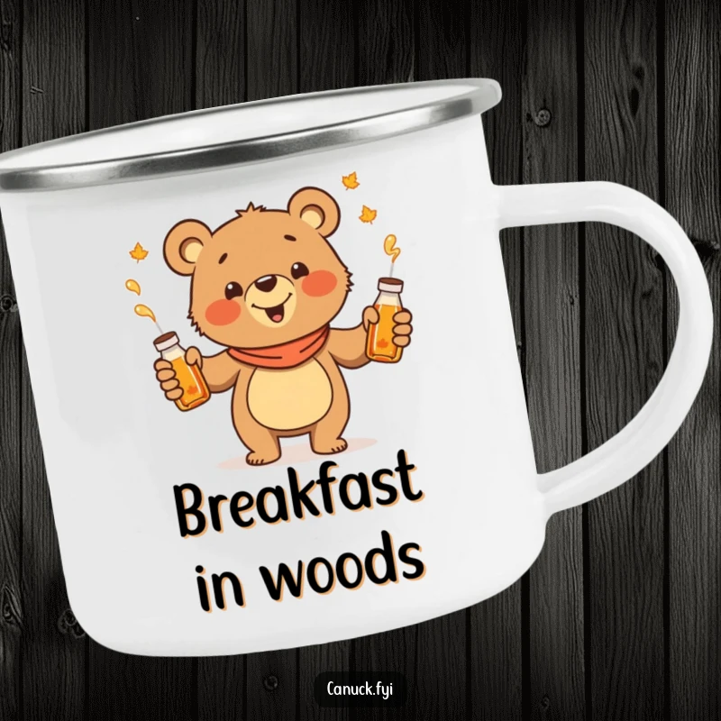 Funny juggling bear camping mug, cheerful cartoon bear juggling maple syrup bottles, outdoor use.