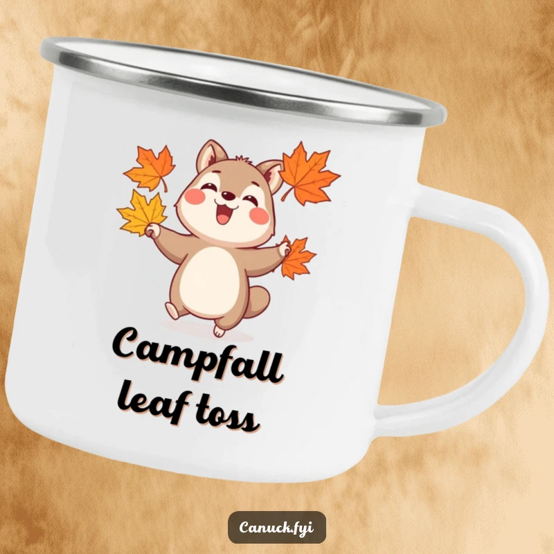 Funny camping mug showing a cheerful animal skillfully juggling three stylized maple leaves, perfect for enjoying nature.