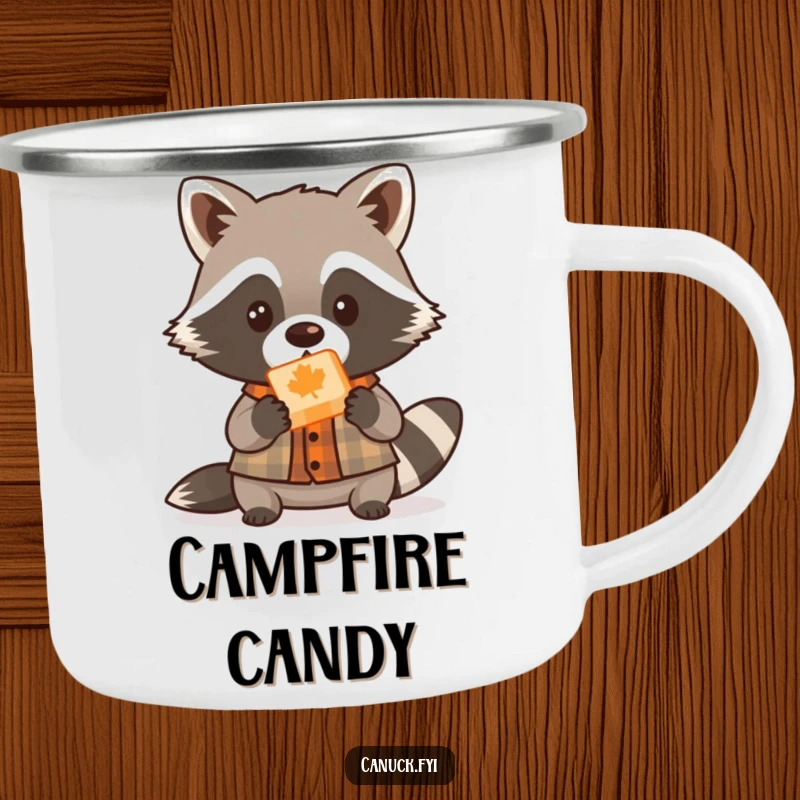 Funny cute raccoon lumberjack camping mug, small shirt, offering maple candy, outdoor enamel cup.