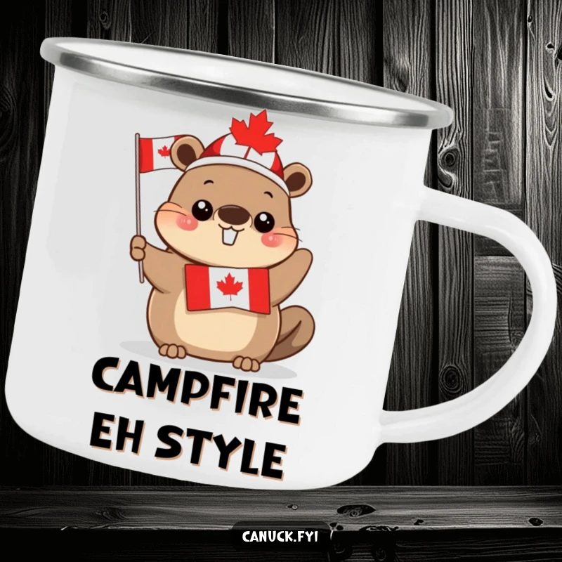 Funny cute beaver camping mug, maple leaf hat, waving Canadian flag, ideal for outdoor use, a patriotic and humorous gift.