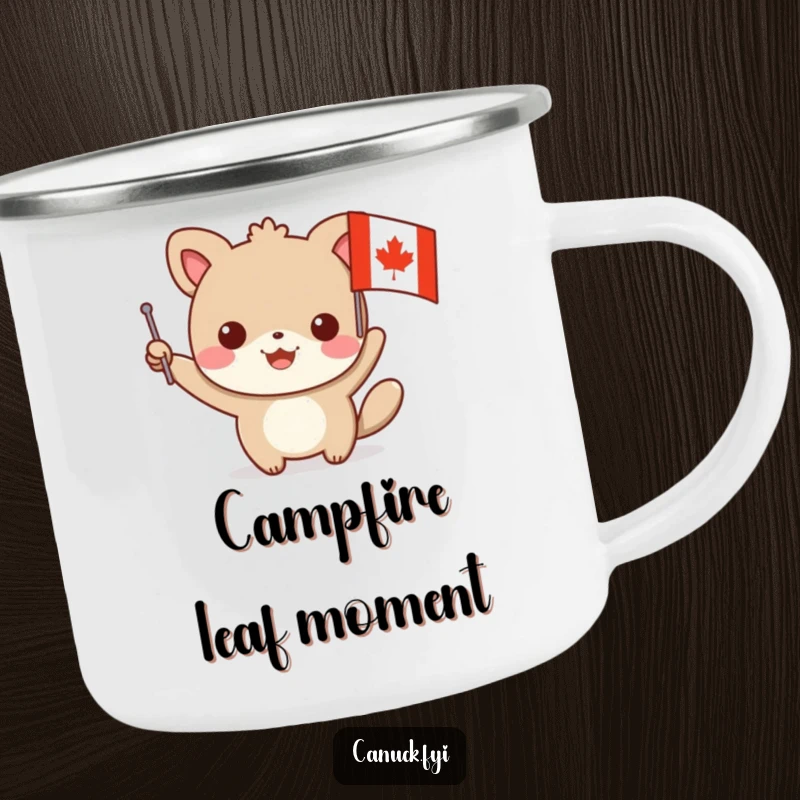 Funny animal camping mug with a character waving a small flag featuring a maple leaf design, ideal for outdoor enjoyment with a humorous, patriotic touch.