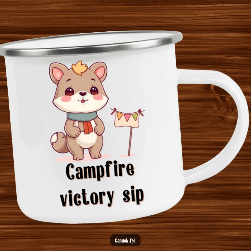 Funny proud animal banner camping mug, celebrating achievements during outdoor adventures.