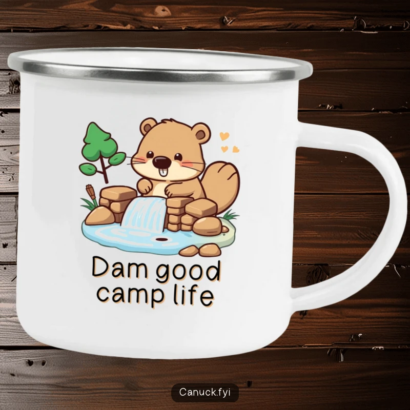 Funny Camping Mug with a beaver character actively building a miniature dam, perfect for enjoying drinks outdoors.
