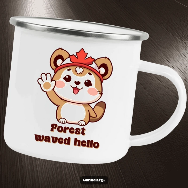 Funny Camping Mug: Durable mug with a cute animal wearing a maple leaf hat, waving enthusiastically for outdoor cheer.