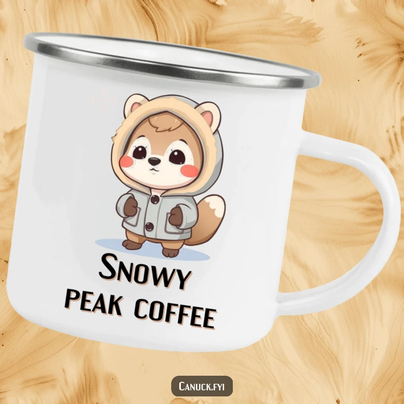 Funny Camping Mug: Curious animal in a parka examines a snowflake, perfect for enjoying warm drinks in winter.