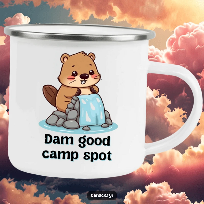 Funny camping mug showing a cute, stylized beaver character diligently building a miniature dam, perfect for outdoor settings.