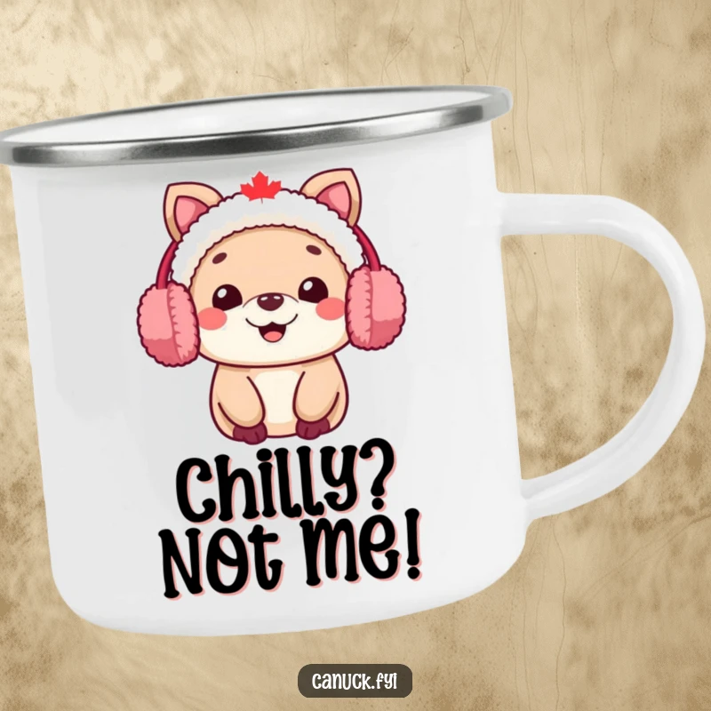 Funny Canadian animal character camping mug, wearing fuzzy earmuffs and smiling warmly, for outdoor enjoyment.