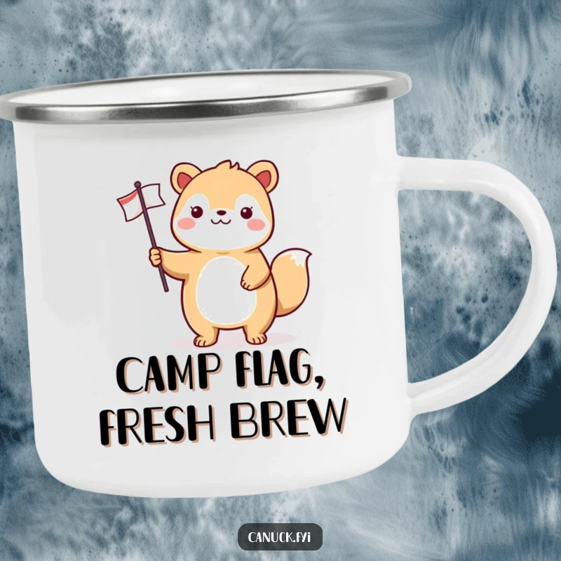 Funny animal camping mug featuring a cheerful creature proudly holding a small flag, perfect for outdoor enthusiasts and patriotic souls.